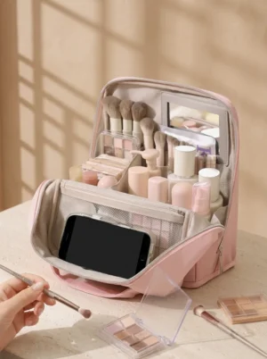 Wholesale Custom Standing Cosmetic Travel Case | Large Capacity Polyester Makeup Organizer Bag with Mirror & Brush Slots (OEM / ODM)