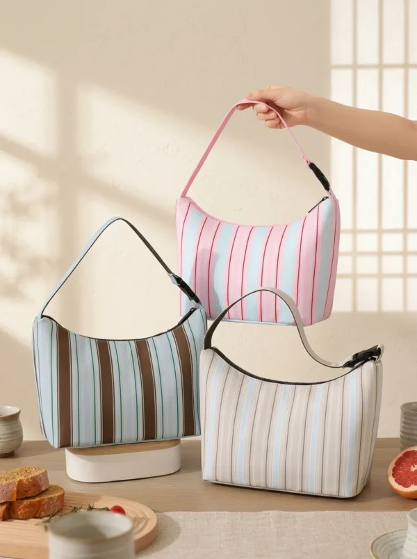 B021-1 Wholesale Custom Insulated Striped Lunch Bag | Bulk 300D PU Portable Bento Thermal Tote with Adjustable Buckle Strap & Waterproof PEVA Lining (OEM/ODM)