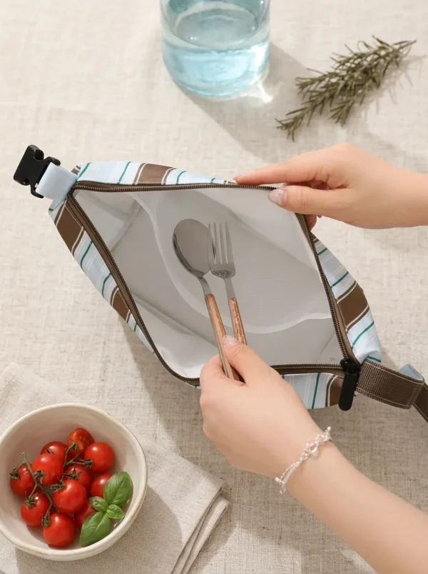 B021-2 Wholesale Custom Insulated Striped Lunch Bag | Bulk 300D PU Portable Bento Thermal Tote with Adjustable Buckle Strap & Waterproof PEVA Lining (OEM/ODM)