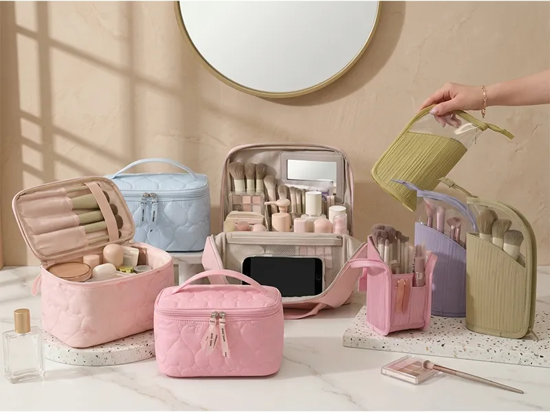 Custom cosmetic bags wholesale display showcasing diverse sizes, materials, and private label branding options